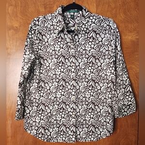 Lauren Ralph Lauren Women's Floral 3/4 Roll Sleeve Button Up Blouse Top